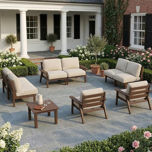 HDPE Patio Furniture Set 8 Seats, Outdoor Couch with Washable Thick Beige Cushions & Side Table, Outdoor Sectional Furniture for Backyard, Deck, Lawn, Porch (Brown Frame)