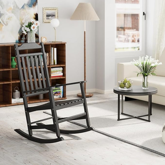 LHBcraft Oversized Rocking Chair Outdoor-High Back Porch Rocker, HDPE All Weather Black Rocking Chair for Porch, Outdoor Chairs for Patio, Polywood Rocking Chairs