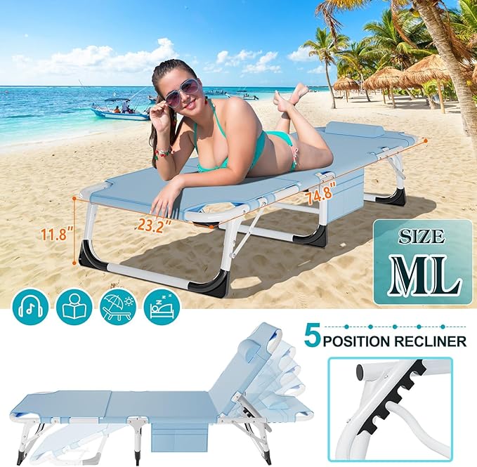 ABORON Oversized Folding Sun Tanning Chair, 3 in 1 Heavy Duty Chaise Lounge Chairs, with Mat/Pillow/Face Arm Holes - Photo 5