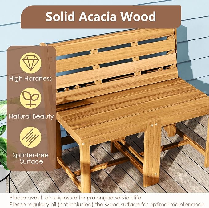 Tangkula 3-in-1 Outdoor Acacia Wood Loveseat Bench Furniture, Patio Table and Chairs Set with Plant Rack Design, for Garden, Porch and Backyard