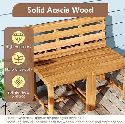 Tangkula 3-in-1 Outdoor Acacia Wood Loveseat Bench Furniture, Patio Table and Chairs Set with Plant Rack Design, for Garden, Porch and Backyard