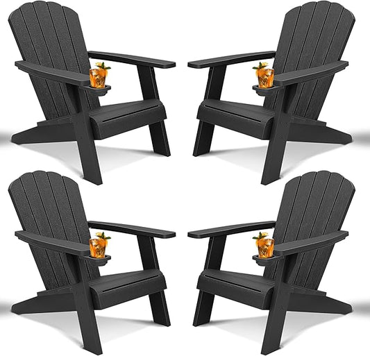 NUNU LAB Outdoor Adirondack Chair Set of 4, HDPE Plastic Patio Chairs for All Weather,Modern Fire Pit Chair, Outdoor Lawn Chairs for Deck, Porch, Backyard, Garden, Black