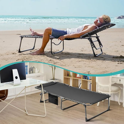 #WEJOY Folding Lounge Chair Outdoor, 5-Position Adjustable Sunbathing Tanning Chair with Shoulder Strap & Side Pocket, Heavy Duty Reclining Chair for Patio Pool Camping, Portable Folding Bed Cot Khaki