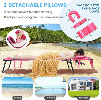 COSTWAY Tanning Chair with Face Hole, Pillows & Adjustable Backrest, Portable with Carrying Bag, Folding Beach Chaise Lounge for Sunbathing, Seaside (1, Pink & White)