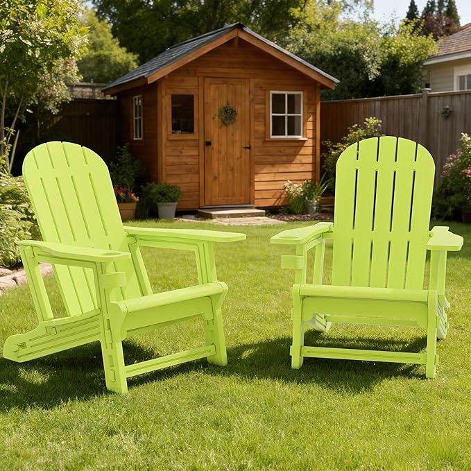 Vongrasig Adirondack Chairs Set of 2 with Removable Tabletop, All-Weather HDPE Outdoor Chair Set with Wooden Textured, Cup Holder for Patio, Poolside, Deck, Garden, Green