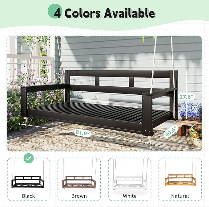 LUMISOL Twin Size Porch Swing Daybed Frame, Garden Porch Swing Bench Chair with 4 Hanging Ropes for Backyard Outdoor - Photo 4
