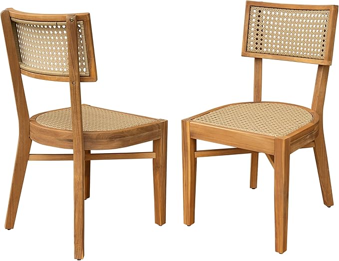 Christopher Knight Home Neeko Acacia Wood Patio Dining Chairs Set of 2, Wooden Outdoor Kitchen Side Chair, Wicker Garden Chair Set for Dining Table, Patio Furniture Extra Seat, Light Brown + Teak