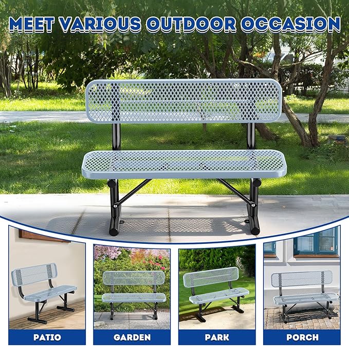 Heavy-Duty Park Bench for Outside - Black Coated Outdoor Furniture Steel Bench, Commercial-Grade Outdoor Benches Weatherproof for Park, Patio, Porch (Portable with Back, 4/6/8 Ft) (Grey, 4FT)