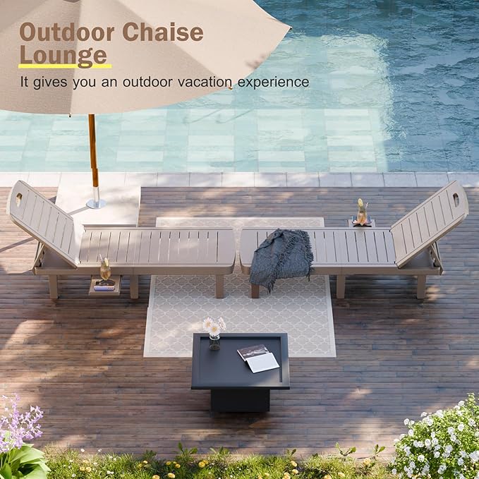CDCASA Outdoor Chaise Lounge Set of 4, Pool Lounge Chairs w/5 Adjustable Positions & Side Tray, Waterproof Resin Lounges for Poolside,Yard, Garden, Sunbathing, for All Weather, Taupe