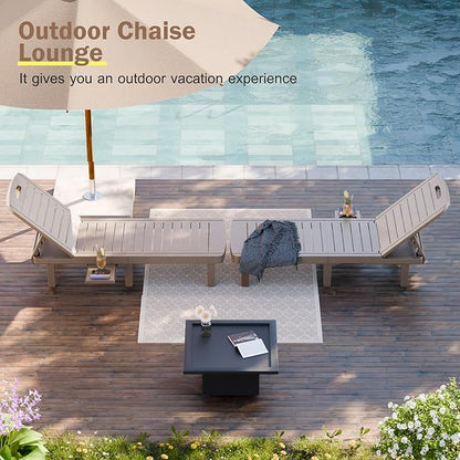CDCASA Outdoor Chaise Lounge Set of 4, Pool Lounge Chairs w/5 Adjustable Positions & Side Tray, Waterproof Resin Lounges for Poolside,Yard, Garden, Sunbathing, for All Weather, Taupe