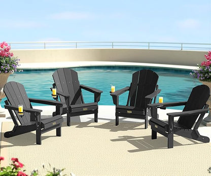 SERWALL Folding Adirondack Chair Set of 4, Weather Resistant HIPS Patio Chairs with Cup Holder for Garden Outdoors Fire Pit - Black