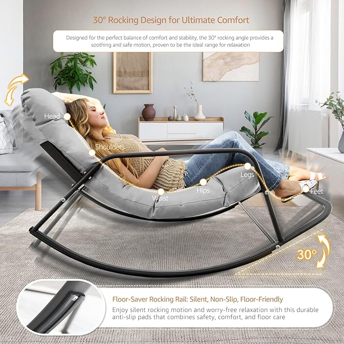 NICESOUL Papasan Rocking Chair with Footrest, Outdoor Rocking Chair with Cushion, Oversized Patio Rocker, Modern Lounge Comfort, Heavy Duty Steel Frame, Indoor Porch Garden, Grey