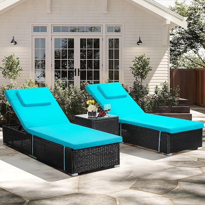 Outdoor Chaise Lounge Chairs, All-Weather Wicker Pool Lounge Chair Set of 2 with Side Table, Adjustable Backrest & Washable Cushions for Patio, Poolside, Beach, Light Blue