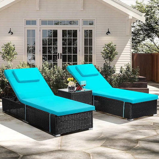 Outdoor Chaise Lounge Chairs, All-Weather Wicker Pool Lounge Chair Set of 2 with Side Table, Adjustable Backrest & Washable Cushions for Patio, Poolside, Beach, Light Blue