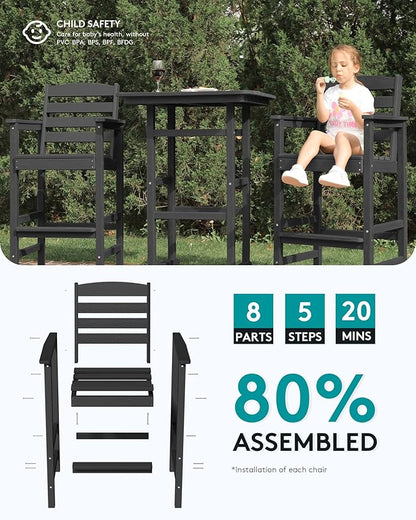 SERWALL Tall Adirondack Chairs Set of 2, Weather Resistance Outdoor Bar Stools, Black
