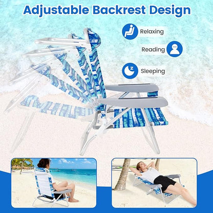GYMAX Beach Chairs, 4Pcs Folding Camping Chair with Adjustable Backrest, Shoulder Strap, Cup Holder & Headrest, Portable Aluminum Lounger for Tanning, Sunbath, Lawn, Patio (Blue, 4 Chairs)