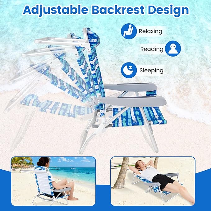 GYMAX Beach Chairs, 2Pcs Folding Camping Chair with Adjustable Backrest, Shoulder Strap, Cup Holder & Headrest - Photo 4