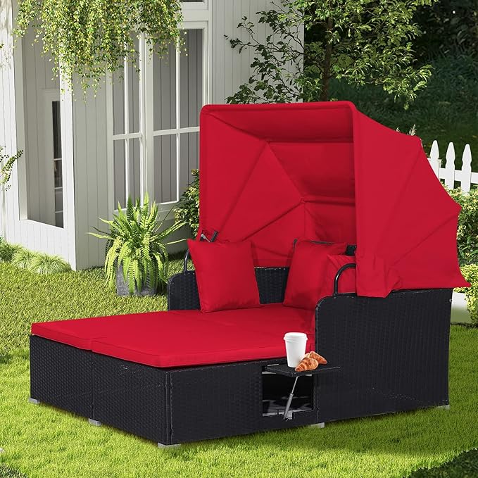 LDAILY Moccha Outdoor Daybed with Retractable Canopy, Wicker Cabana with 2 Side Tables & Soft Cushions - Photo 4