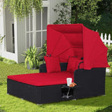 RELAX4LIFE Patio Outdoor Daybed with Canopy, Wicker Sunbed w/Cushions, 4 Pillows & 2 Retractable Side Trays - Photo 8