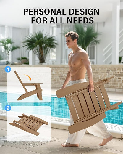 YEFU Adirondack Chair, Folding Adirondack Chairs with Arc Back & Cup Holder, Weather Resistant Plastic Oversized Chair for Outdoor Patio Lawn Garden Backyard Deck Fire Pit, Teak