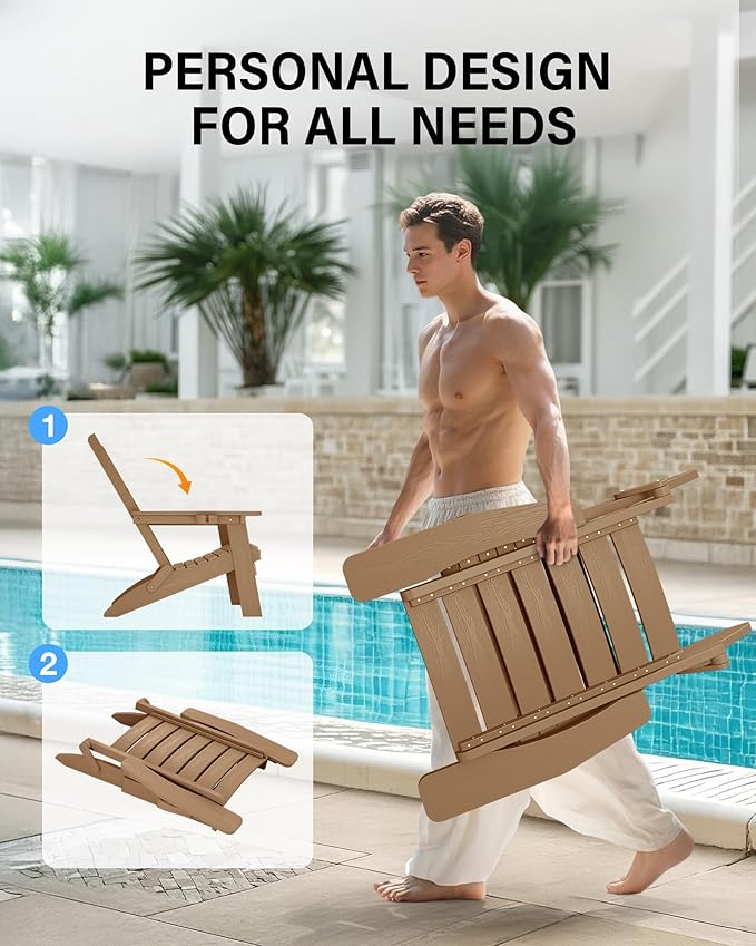 YEFU Adirondack Chair, Folding Adirondack Chairs Set of 2 with Arc Back & Cup Holder, Weather Resistant Plastic Oversized Chair for Outdoor Patio Lawn Garden Backyard Deck Fire Pit, Teak
