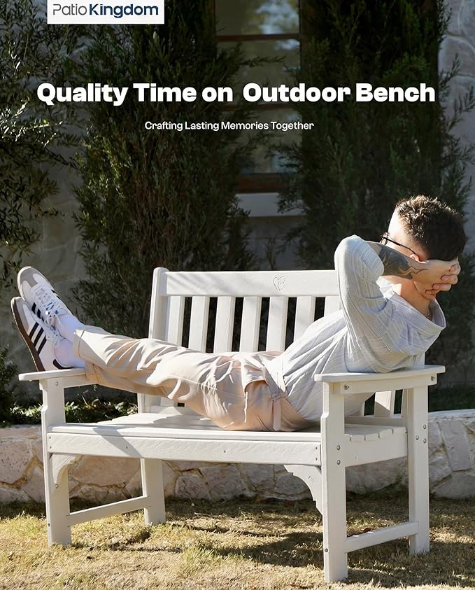 HDPE Garden Bench, All Weather 2-Person Outdoor Benches, Rust Free & Fade Resistant Patio Benches for Garden, Porch, Backyard, Deck, Lawn, Balcony, Poolside (White, 1 Beach)
