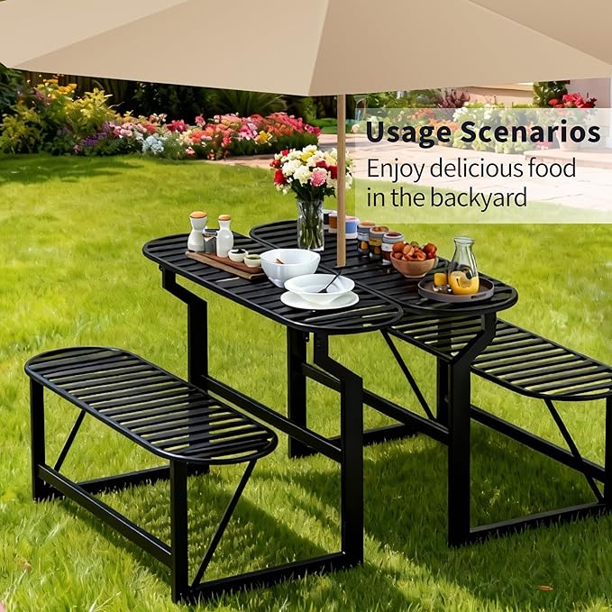 Convertible Bench, 2 in 1 Carbon Steel Picnic Table, Transforming Interchangeable Outdoor Table with Umbrella Hole - Photo 7