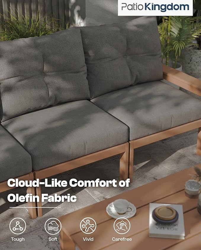 Teak HDPE Patio Sofa Set, 3-Piece Sectional Outdoor Patio Furniture Set - Photo 4