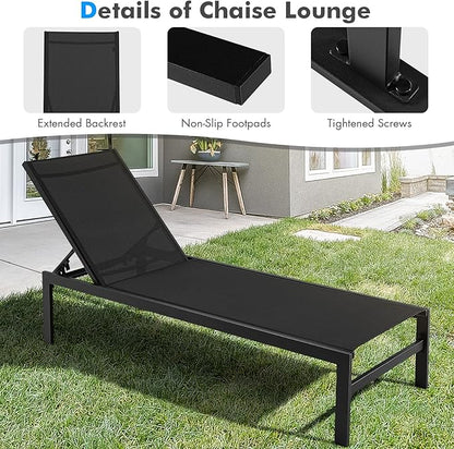 Tangkula Aluminum Lounge Chair Outdoor, Patio Adjustable Chaise Lounge with 6-Position Backrest, Aluminum Frame, Breathable Fabric, Lightweight Recliner Pool Chairs for Poolside, Backyard (1, Black)