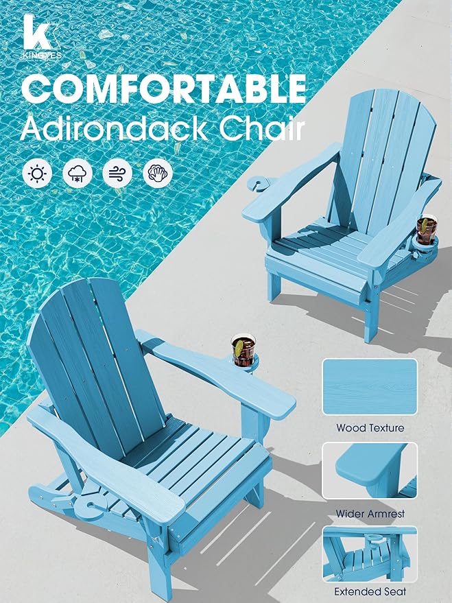 KINGYES Folding Adirondack Chair with Dual Cup Holders - HDPE All-Weather Outdoor Chairs - Photo 5