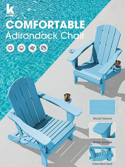 KINGYES Folding Adirondack Chair Set of 2, Dual Cup Holders & All-Weather HDPE, Wood-Like Patio Chair for Backyard, Camping, Pool & Fire Pit, Light Blue