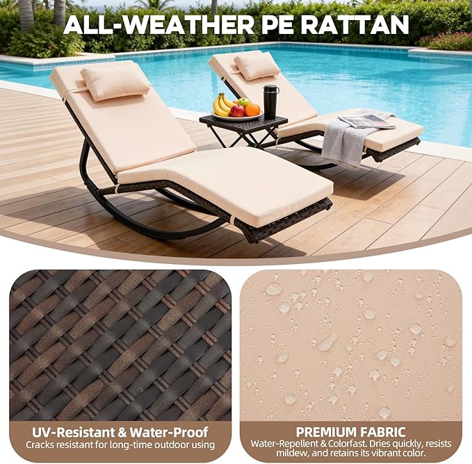 Outdoor Lounge Chair Set of 3, Patio Chaise Lounger with Folding Table and Adjustable Headrest, Easy 4-Step Assembly, All-Weather PE Rattan & Steel Frame for Pool, Patio, Porch, Backyard(Khaki)