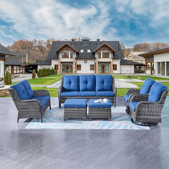 Rilyson Wicker Patio Furniture Set - 6 Piece Rattan Outdoor Sectional Conversation Sets with 2 Rocking Swivel Chairs - Photo 1