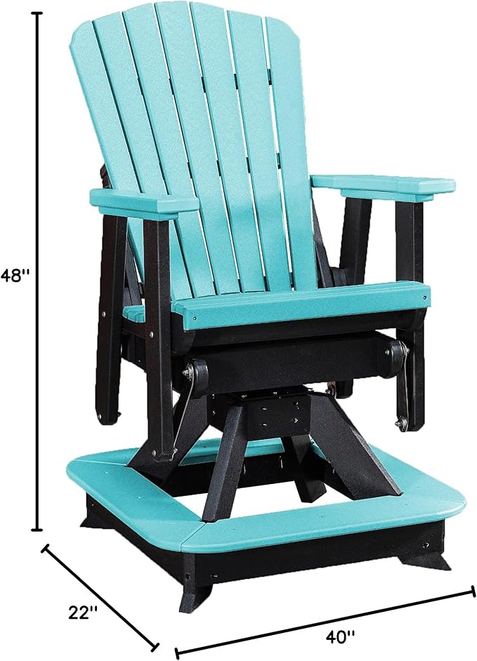DutchCrafters Slat Fan Back Poly Balcony Adirondack Swivel Glider with Footrest Outdoor Patio Chair (Black & Aruba Blue)