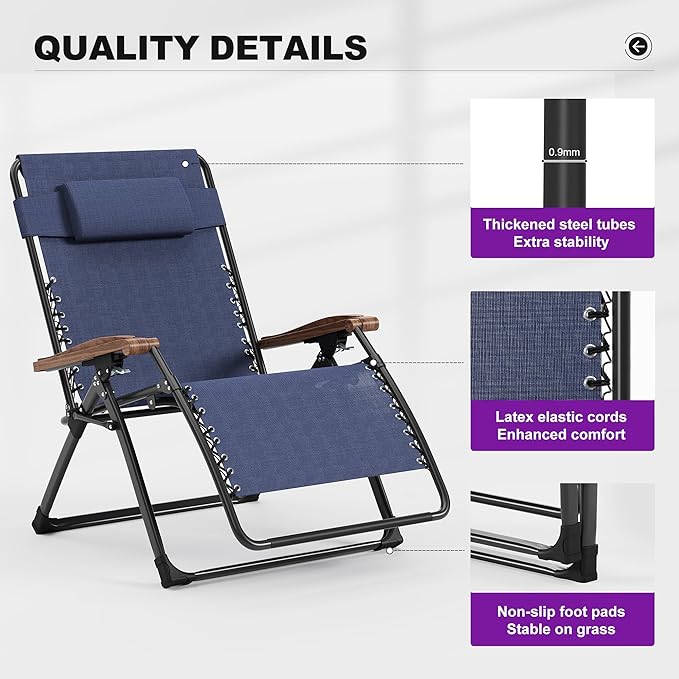 PURPLE LEAF Extra Wide Outdoor Reclining Chair Patio Zero Gravity Chaise Lounge Folding Chair with Removable Cushion Adjustable Headrest for Lawn Camping Beach Pool Navy Blue