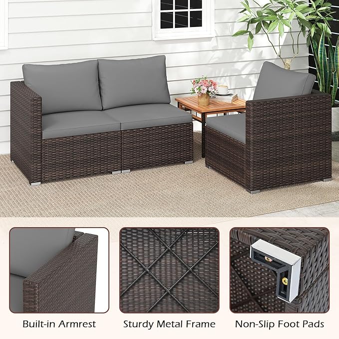 Tangkula 3 Seat Outdoor Wicker Sofa Set, Modular PE Rattan Patio Cushioned Sectional Couch Set - Photo 7