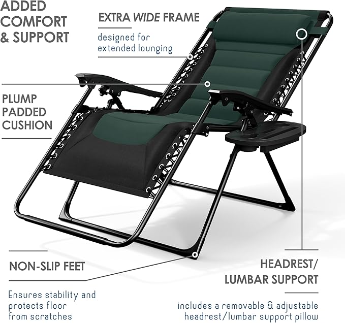 Nestl Outdoor Padded Zero Gravity Chair, Patio Lounge Chair Outdoor Recliner, Oversized Anti Gravity Lounger with Adjustable Headrest and Cup Holder, Foldable for Camping, Yard - Black/Forest Green