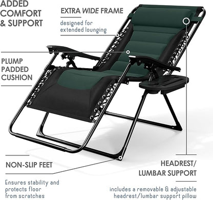 Nestl Outdoor Padded Zero Gravity Chair, Patio Lounge Chair Outdoor Recliner, Oversized Anti Gravity Lounger with Adjustable Headrest and Cup Holder, Foldable for Camping, Yard - Black/Forest Green