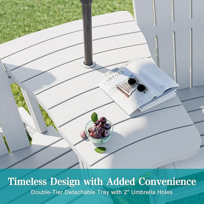 JY QAQA Outdoor Adirondack Chair Set of 2 with Detachable Table & Ottoman, All-Weather HDPE Patio Furniture with Wood Texture & Cup Holder for Patio, Poolside, Garden, White