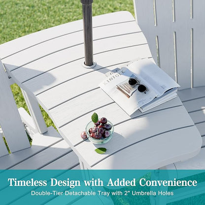 JY QAQA Outdoor Adirondack Chair Set of 2 with Detachable Table & Ottoman, All-Weather HDPE Patio Furniture with Wood Texture & Cup Holder for Patio, Poolside, Garden, White