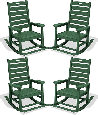 SERWALL Outdoor Rocking Chair Set of 4, Oversized HDPE Patio Rocking Chair with Footrest for Adults, All Weather Porch Rocker for Deck Patio Balcony, Green
