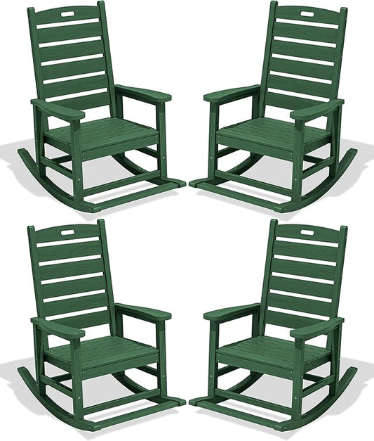 SERWALL Outdoor Rocking Chair Set of 4, Oversized HDPE Patio Rocking Chair with Footrest for Adults, All Weather Porch Rocker for Deck Patio Balcony, Green