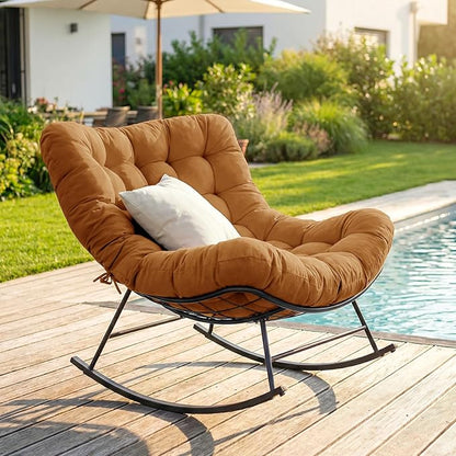 Cushioned Papasan Rocking Chair for Outdoor Indoor, Oversized Outdoor Rocking Chair with Cushion, Egg Rocker for Patio, Porch, Balcony, Lawn, Bedroom, Living Room, Dark Brown
