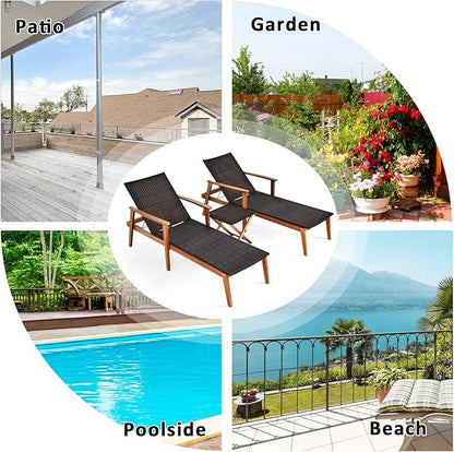 Tangkula 3 Pieces Outdoor Chaise Set, Wicker Rattan Lounge Chair w/Acacia Wood Frame, 4 Adjustable Positions Patio Wicker Lounge Set & Foldable Side Table, Suitable for Lawn, Backyard (Mix Brown)