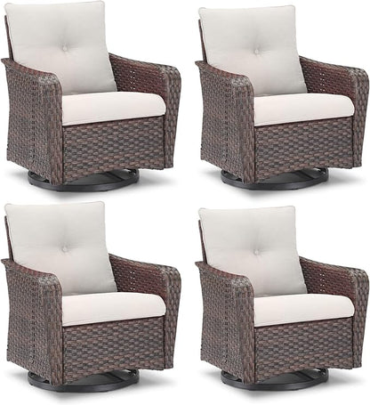 Rilyson Outdoor Patio Swivel Rocker Chairs - 4 PC Wicker Rattan Patio Rocking Glider Chair Set with High Back,Comfy Cushions and Deep Seating for Porch Deck Backyard Garden(Brown/Beige)