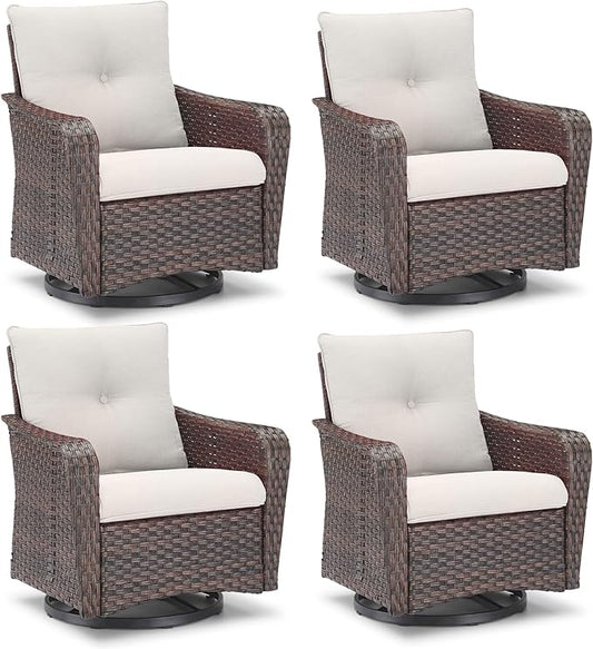 Rilyson Outdoor Patio Swivel Rocker Chairs - 4 PC Wicker Rattan Patio Rocking Glider Chair Set with High Back,Comfy Cushions and Deep Seating for Porch Deck Backyard Garden(Brown/Beige)