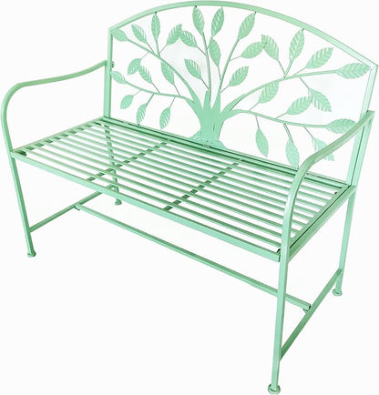Hi-Line Gift Ltd. 42in Blue Metal Garden Bench Tree Pattern Patio Yard Seat