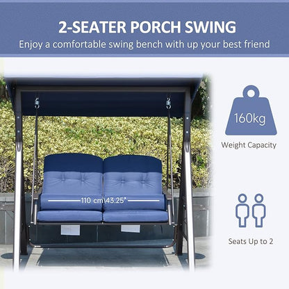 Outsunny 2-Person Patio Swing Bench with Adjustable Shade Canopy, Soft Cushions, Throw Pillows and Tray, Dark Blue