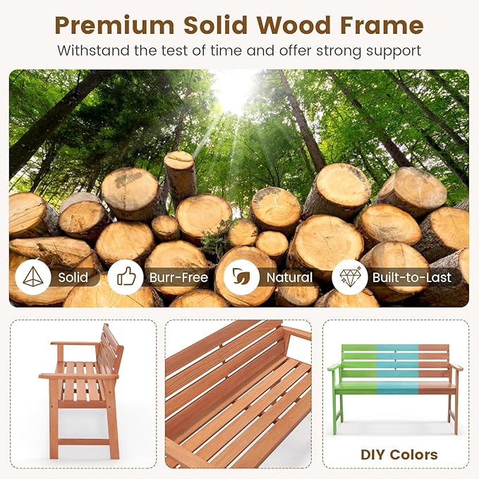 Tangkula 48 Inch Hardwood Outdoor Bench with Backrest, Wood Patio Loveseat Chair with Breathable Slatted Seat & Backrest, Ergonomic Outside Bench for Backyard, Balcony, Garden & Porch