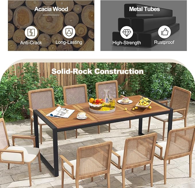 Tangkula 79 Inches Acacia Wood Outdoor Dining Table for 8, Large Rectangular Patio Table with 1.9" Umbrella Hole, Heavy Duty Metal Legs & Adjustable Foot Pads, Outside Table for Patio, Garden, Yard